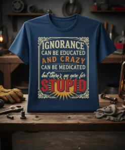 Ignorance Can Be Educated And Crazy Can Be Medicated But There's No Cure For Stupid quote on a navy t-shirt