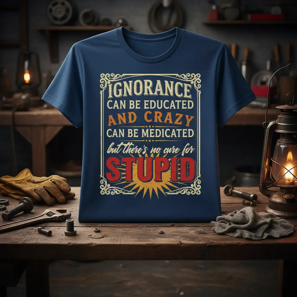 Ignorance Can Be Educated And Crazy Can Be Medicated But There's No Cure For Stupid quote with distressed bold lettering on a