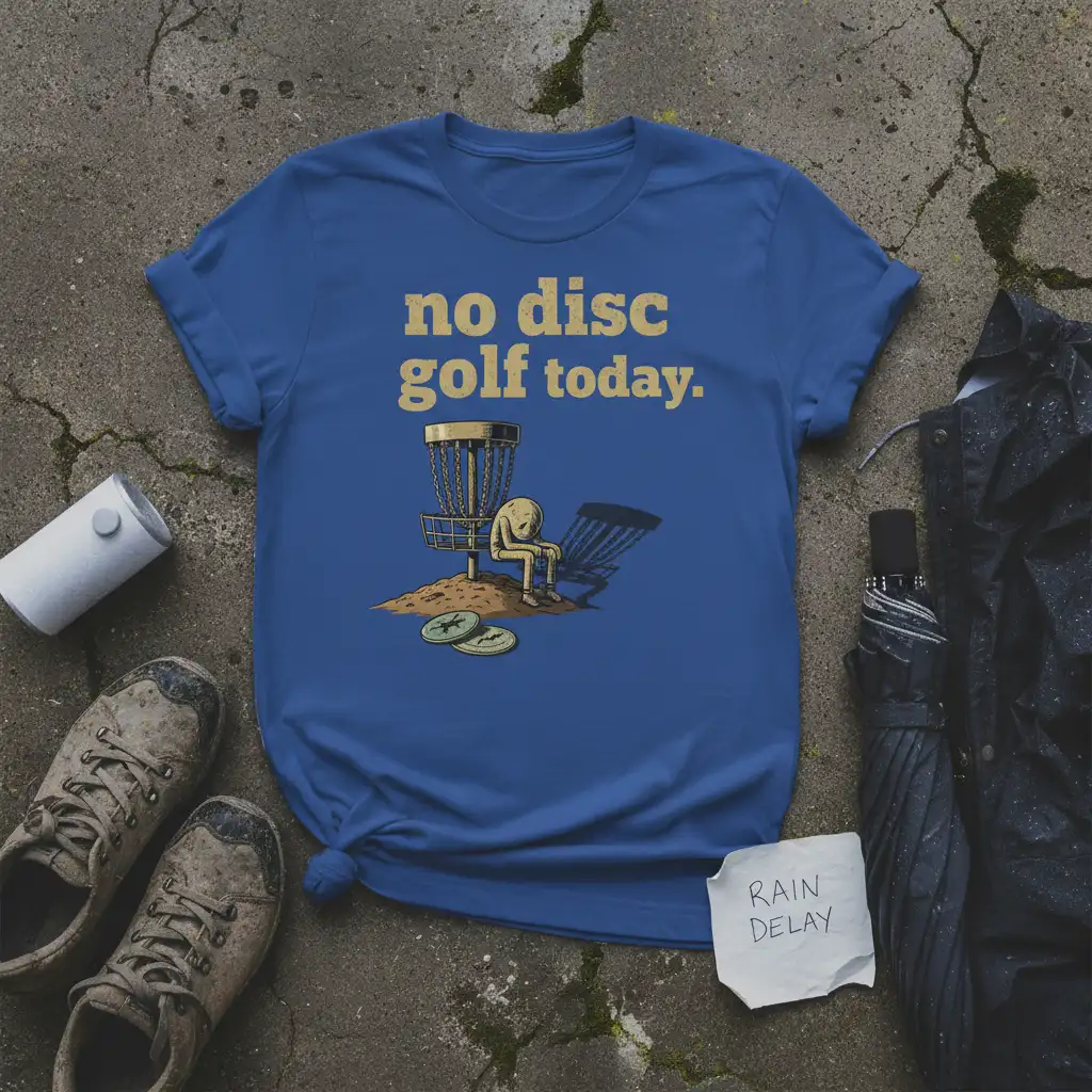 No Disc Golf Today quote on a blue tee, featuring a sad disc golfer and basket graphic