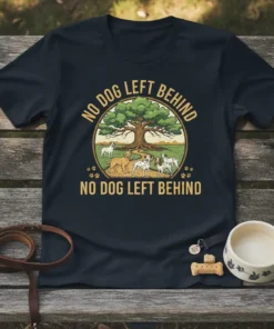 T-shirt with "No Dog Left Behind" text, featuring a scenic circular design with a large tree and four dogs standing