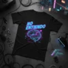 Black t-shirt with "NO ENTIENDO" in neon blue and pink glitch text above a circuit board brain graphic