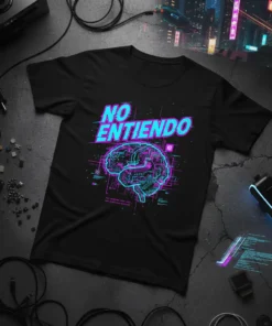 Black t-shirt with "NO ENTIENDO" in neon blue and pink glitch text above a circuit board brain graphic