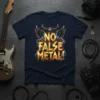 No False Metal! text in bold gold font with wings and skull graphic on a navy t-shirt, lightning effects