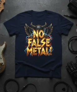 No False Metal! text in bold gold font with wings and skull graphic on a navy t-shirt, lightning effects