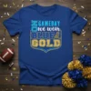 No Gameday We Wear Blue & Gold text design on a royal blue t-shirt, sports fan apparel