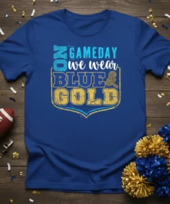 No Gameday We Wear Blue & Gold text design on a royal blue t-shirt, sports fan apparel