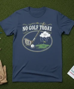 No Golf Today text and sad cloud raining on golf course graphic on navy t-shirt