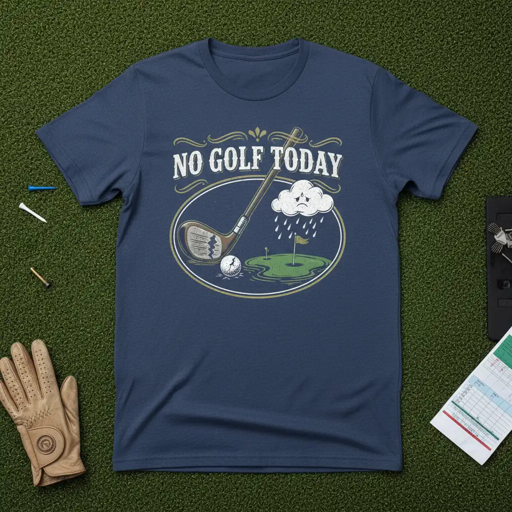 No Golf Today quote with a sad rainy cloud over a golf course graphic on a t-shirt