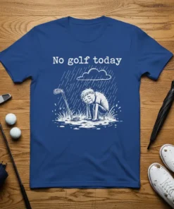 No golf today quote on a blue t-shirt with a sad golfer sitting in the rain next to a golf