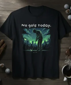Black t-shirt with white text "No golf today." and a graphic of a golfer in the rain