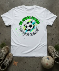 No Grass Stains No Glory Bruises soccer quote t-shirt with a soccer ball graphic and splatter paint design