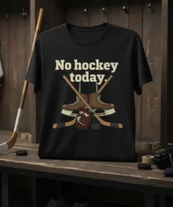 Black t-shirt with "No hockey today." text above crossed hockey sticks, skates, glove, and puck