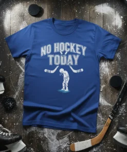 No Hockey Today t-shirt design with a sad hockey player and crossed hockey sticks graphic