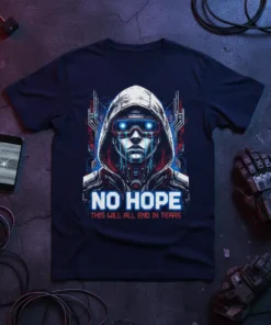 No Hope This Will All End In Tears text on a dark navy t-shirt featuring a futuristic, hooded cyborg face