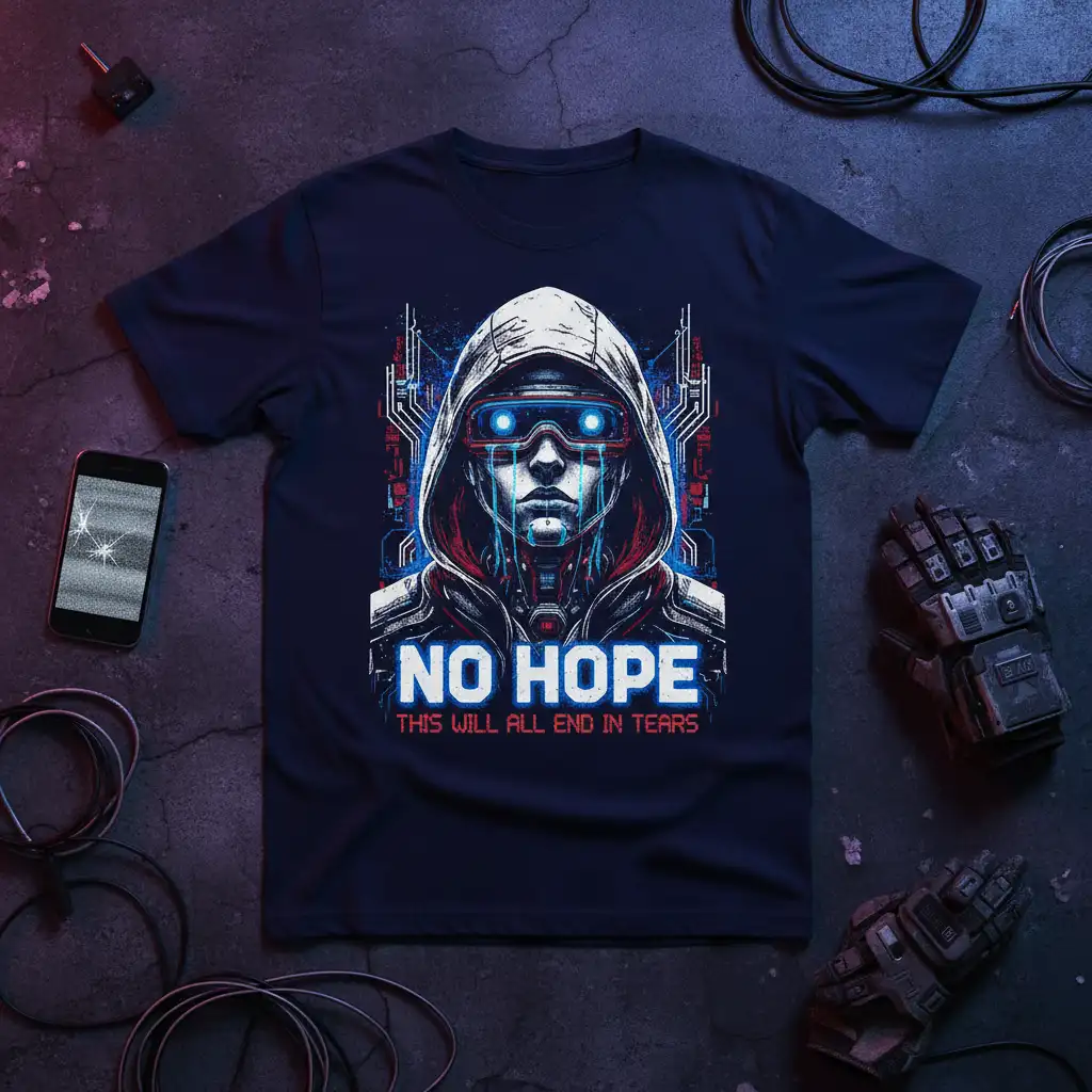 No Hope This Will All End In Tears quote with a futuristic cyborg portrait on a dark t-shirt, cybernetic theme