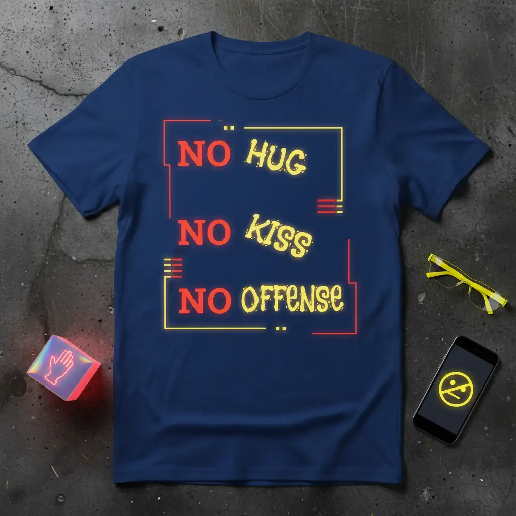 No Hug No Kiss No Offense quote in neon-style typography on a navy blue t-shirt