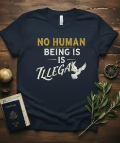 Navy t-shirt with "NO HUMAN BEING IS ILLEGAL" text in yellow and white, featuring a white dove graphic, representing peace