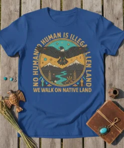 T-shirt with "NO HUMAN IS ILLEGAL WE WALK ON NATIVE LAND" text and an eagle graphic, mountains, and river