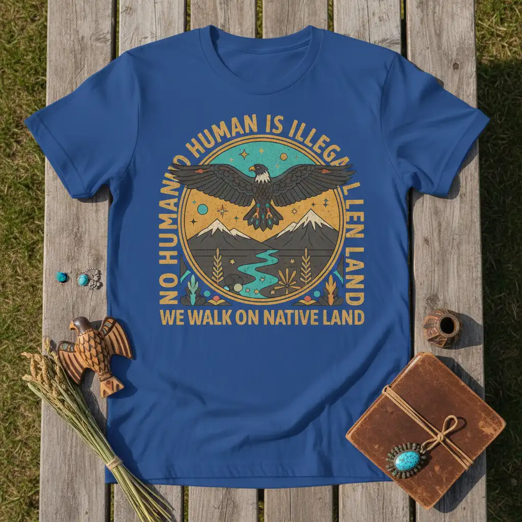 NO HUMAN IS ILLEGAL WE WALK ON NATIVE LAND quote with eagle and mountain landscape on blue t-shirt