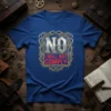 Bold "NO I WILL NOT COMPLY" text on a blue t-shirt, framed by thorny vines and chains, representing defiance and