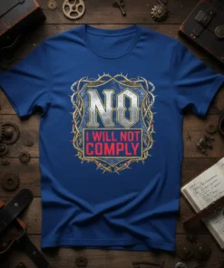 Bold "NO I WILL NOT COMPLY" text on a blue t-shirt, framed by thorny vines and chains, representing defiance and