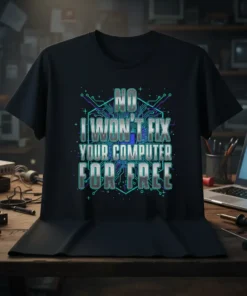 Black t-shirt with "NO I WON'T FIX YOUR COMPUTER FOR FREE" text in silver and blue, featuring circuit board graphics
