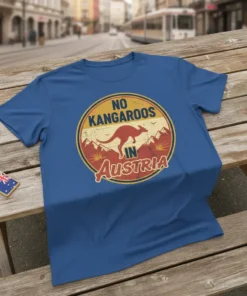 No Kangaroos In Austria t-shirt design featuring a vintage circular graphic with a kangaroo silhouette, mountains, and distressed text
