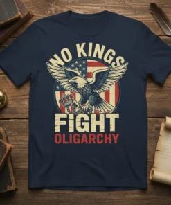 No Kings Fight Oligarchy t-shirt design with eagle, crown, and American flag graphic