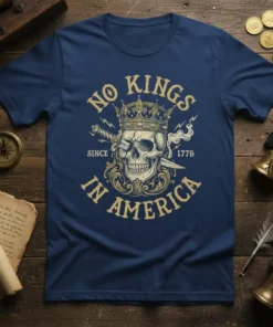 No Kings Since 1776 In America t-shirt design with a skull wearing a crown, crossed swords, and lightning bolts
