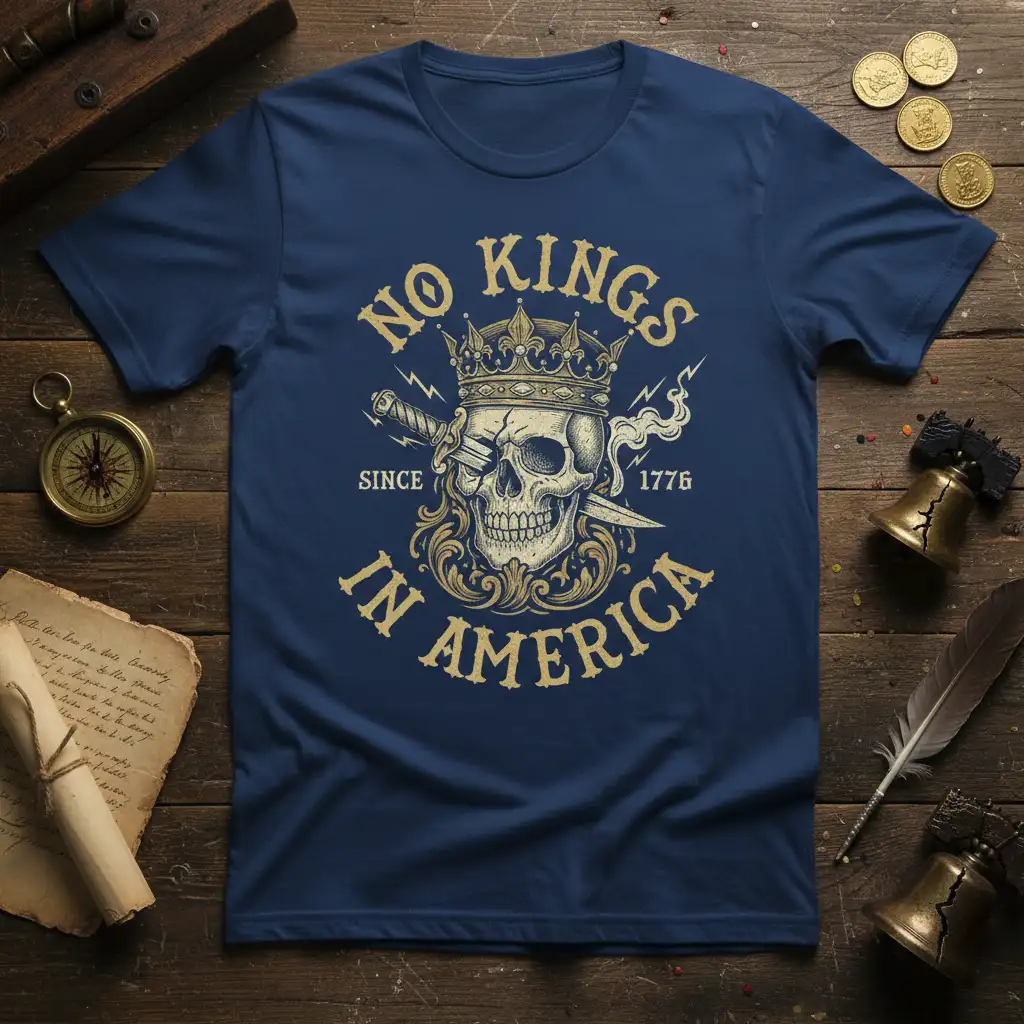 No Kings Since 1776 In America patriotic t-shirt design with a skull, crown, and swords