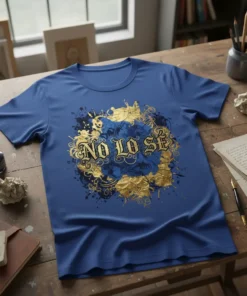 Blue t-shirt with "No Lo Se" text in ornate gold lettering, surrounded by abstract gold and blue splatters and flourishes