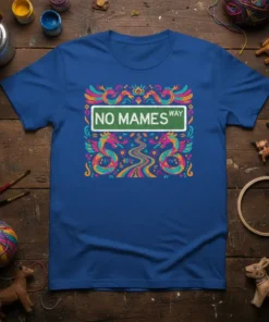No Mamés Way street sign design with colorful dragons and wavy road on a blue t-shirt