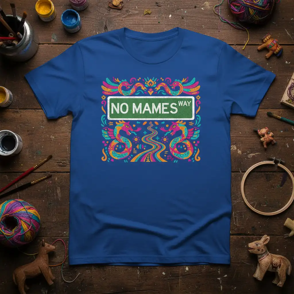 No Mamés Way street sign design featuring colorful dragons and a wavy road, perfect for cultural humor apparel