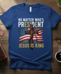 No Matter Who's President Jesus Is King text on a blue t-shirt with an American flag and a wooden cross