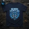 T-shirt design with bold text "NO MORE MR NICE GUY" above a fierce wolf head with red eyes, surrounded by