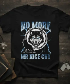 Black t-shirt with "NO MORE MR NICE GUY" text and a fierce wolf graphic, featuring lightning accents