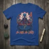 Blue t-shirt with "No Mud, No Lotus" text and a meditating alien in a lotus flower, inspired by Zen Buddhism