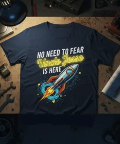 T-shirt with "NO NEED TO FEAR Uncle Jesse IS HERE" text and a retro rocket blasting off, surrounded by stars