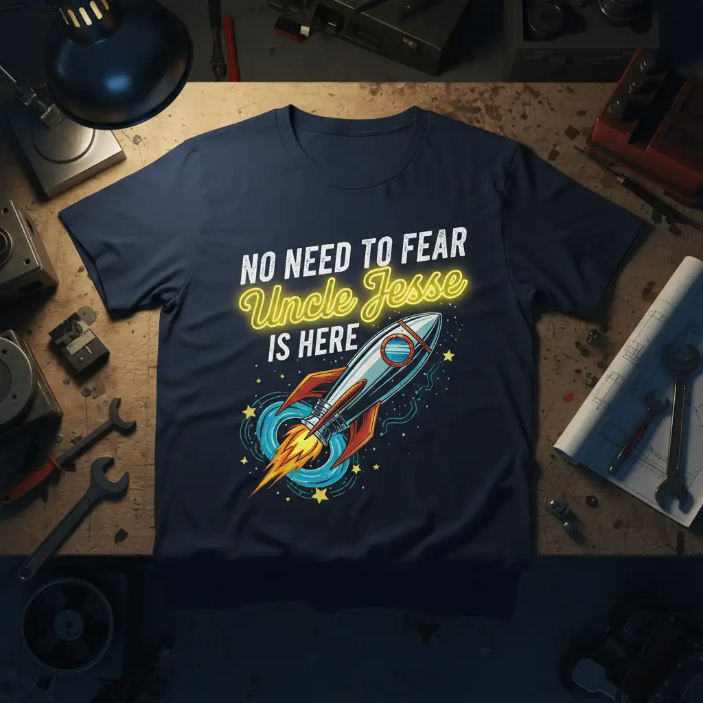NO NEED TO FEAR Uncle Jesse IS HERE text with a retro rocket ship design, perfect for uncles