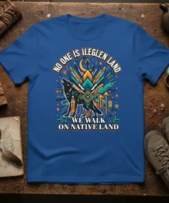 Wolf howling with "No One Is Ileglen Land We Walk On Native Land" text, featuring tribal art and feathers on