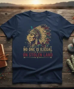 T-shirt featuring the text "NO ONE IS ILIEGAL ON STOLEN LAND" with a profile of a Native American chief in