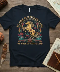 No One Is Ilitglen Land We Walk On Native Land text with a golden horse and floral Native American inspired