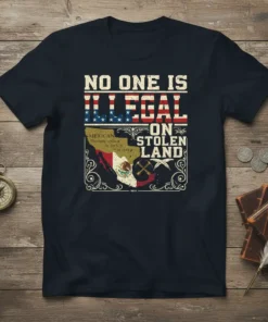 No One Is Illegal On Stolen Land T-Shirt with Mexican flag map and historical text