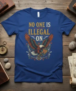 No One Is Illegal On T-Shirt with eagle graphic, promoting human rights and equality