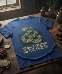 T-shirt design with a coiled snake and the text "NO ONE'S TREADING ON YOU, SWEETIE" in gold lettering