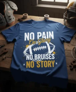 Football t-shirt with "NO PAIN On Glory NO BRUISES NO STORY" text and a football graphic