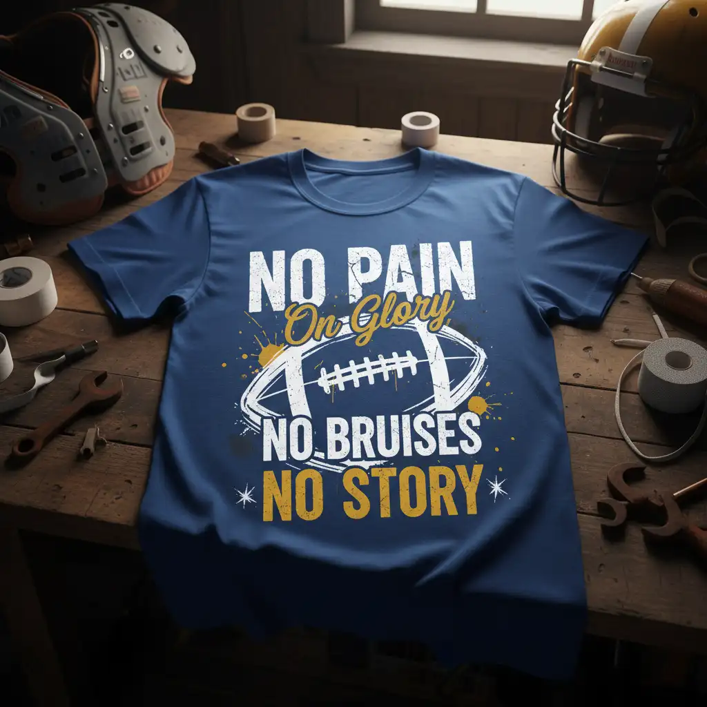 NO PAIN On Glory NO BRUISES NO STORY football quote with graphic on blue tee