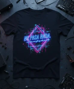 Black t-shirt with neon blue and pink geometric design and Spanish text "NO PASA NADA. - me when everything este