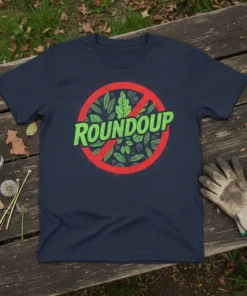 No Roundup design t-shirt featuring a red prohibition sign with leaves and skulls, and the word ROUNDUP in green