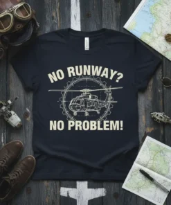 No Runway? No Problem! text with a detailed helicopter graphic on a dark t-shirt, aviation theme